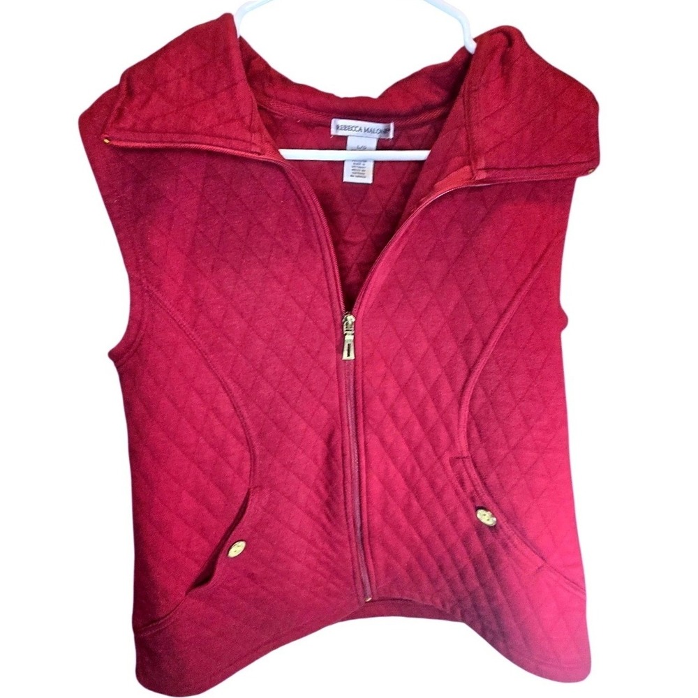 Rebecca Malone Womens Quilted Zip Up Vest Red Large Diamond Pattern Sleeveless